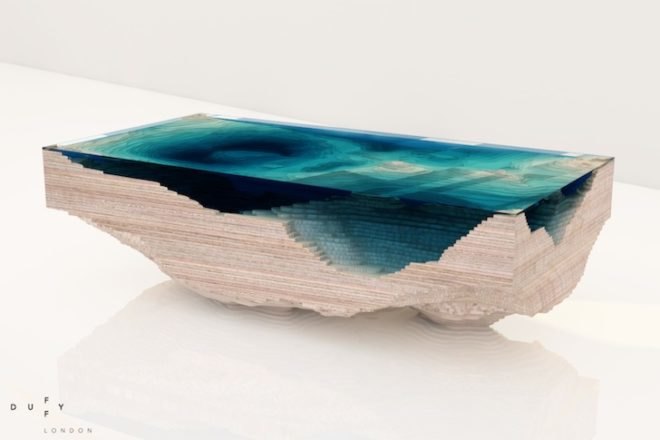 abyss table, duffy london, christopher duffy, layered coffee table, ocean-inspired furniture, green furniture, fsc-certified wood, wood table, coffee table, glass, plexiglass, glass mimic ocean, ocean layer table,