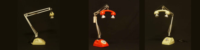 Recycled materials, green home décor, flexofono lamps, dos de tres lamps, upcycled telephone, upcycled telephone lamp, recycling, reusing, lighting, lamps, green lighting