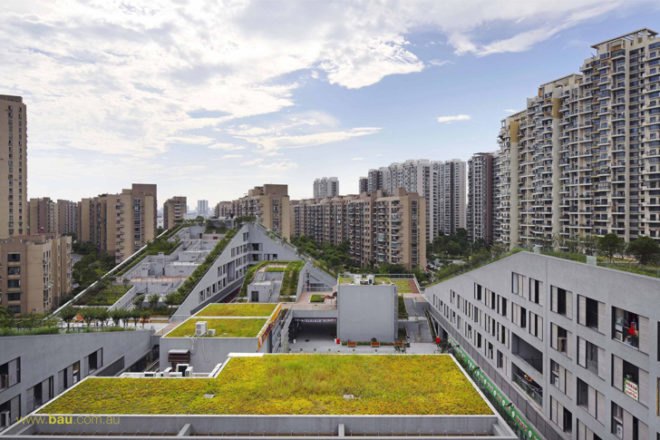 Hangzhou Duolan Commercial Complex, BAU Brearley Architects + Urbanists, green-roofed housing, green roofs, community gardens, China architecture, mix-use architecture China, architecture competition, hill-like architecture, sloping roofs, rooftop gardens, green architecture