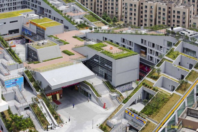 Hangzhou Duolan Commercial Complex, BAU Brearley Architects + Urbanists, green-roofed housing, green roofs, community gardens, China architecture, mix-use architecture China, architecture competition, hill-like architecture, sloping roofs, rooftop gardens, green architecture