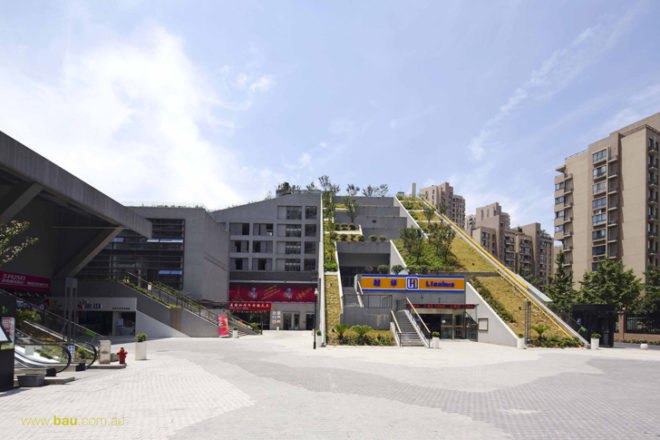 Hangzhou Duolan Commercial Complex, BAU Brearley Architects + Urbanists, green-roofed housing, green roofs, community gardens, China architecture, mix-use architecture China, architecture competition, hill-like architecture, sloping roofs, rooftop gardens, green architecture