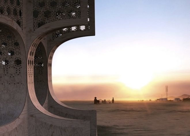 josh haywood, hayam sun temple, black rock desert, burning man, burning man 2014, burning man festival, moorish architecture, filigree design, burning man art grant, temporary pavilion, filigree facade, islamic architecture, islamic geometry, sun-inspired architecture, burning man architecture