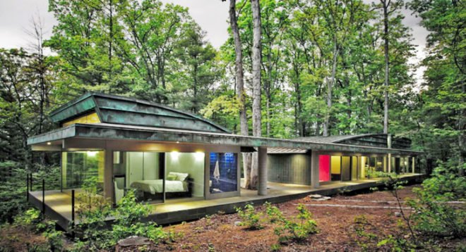 Travis Price Architects, Hayes Residence Berkley Springs, West Virginia home, glass houses, interior trees, glass facades, green architecture, residential architecture, guest house design