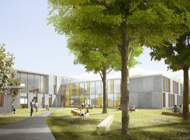 C.F. Møller, C.F. Møller Architects, C.F. Møller Landscape, Herningsholm Vocational School, school competition, school architecture competition, Denmark, sustainable architecture, green roof, rainwater infiltration, rainwater system, low e windows, flexible learning environment, fiber cement panels, natural daylighting