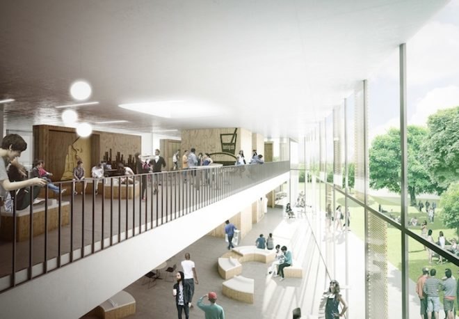 C.F. Møller, C.F. Møller Architects, C.F. Møller Landscape, Herningsholm Vocational School, school competition, school architecture competition, Denmark, sustainable architecture, green roof, rainwater infiltration, rainwater system, low e windows, flexible learning environment, fiber cement panels, natural daylighting