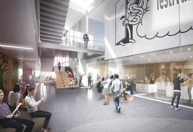 C.F. Møller, C.F. Møller Architects, C.F. Møller Landscape, Herningsholm Vocational School, school competition, school architecture competition, Denmark, sustainable architecture, green roof, rainwater infiltration, rainwater system, low e windows, flexible learning environment, fiber cement panels, natural daylighting