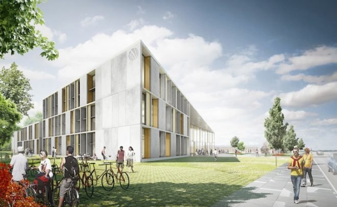 C.F. Møller, C.F. Møller Architects, C.F. Møller Landscape, Herningsholm Vocational School, school competition, school architecture competition, Denmark, sustainable architecture, green roof, rainwater infiltration, rainwater system, low e windows, flexible learning environment, fiber cement panels, natural daylighting
