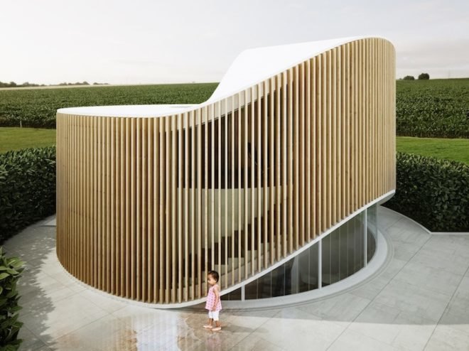 penda, penda design, donut shaped house, house o, tree trunk inspired house, design collective penda, chris precht, penda design house, garden house, wood house, wooden house, radial floorboards, wooden louvers, wood louvers, south facing bedroom,