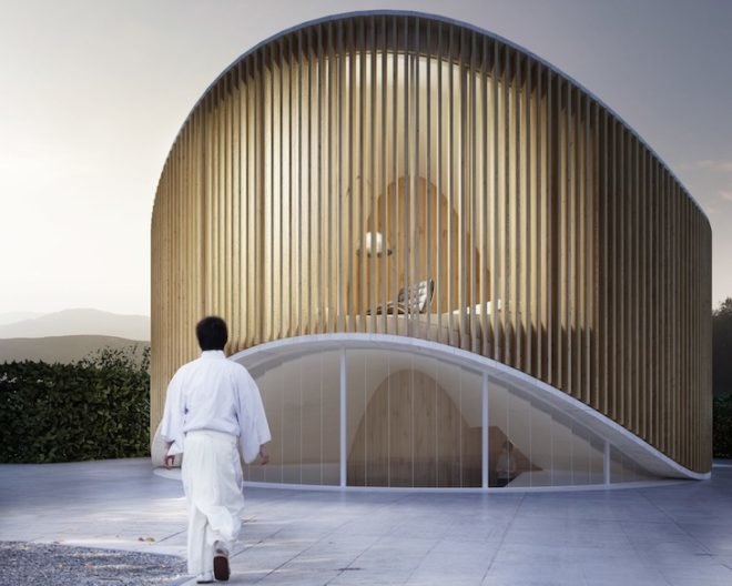 penda, penda design, donut shaped house, house o, tree trunk inspired house, design collective penda, chris precht, penda design house, garden house, wood house, wooden house, radial floorboards, wooden louvers, wood louvers, south facing bedroom,