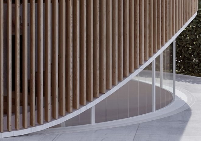 penda, penda design, donut shaped house, house o, tree trunk inspired house, design collective penda, chris precht, penda design house, garden house, wood house, wooden house, radial floorboards, wooden louvers, wood louvers, south facing bedroom,