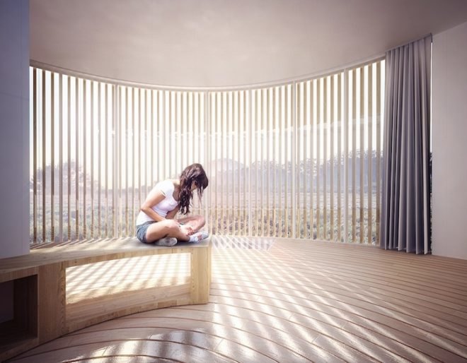 penda, penda design, donut shaped house, house o, tree trunk inspired house, design collective penda, chris precht, penda design house, garden house, wood house, wooden house, radial floorboards, wooden louvers, wood louvers, south facing bedroom,