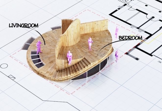 penda, penda design, donut shaped house, house o, tree trunk inspired house, design collective penda, chris precht, penda design house, garden house, wood house, wooden house, radial floorboards, wooden louvers, wood louvers, south facing bedroom,