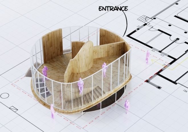 penda, penda design, donut shaped house, house o, tree trunk inspired house, design collective penda, chris precht, penda design house, garden house, wood house, wooden house, radial floorboards, wooden louvers, wood louvers, south facing bedroom,