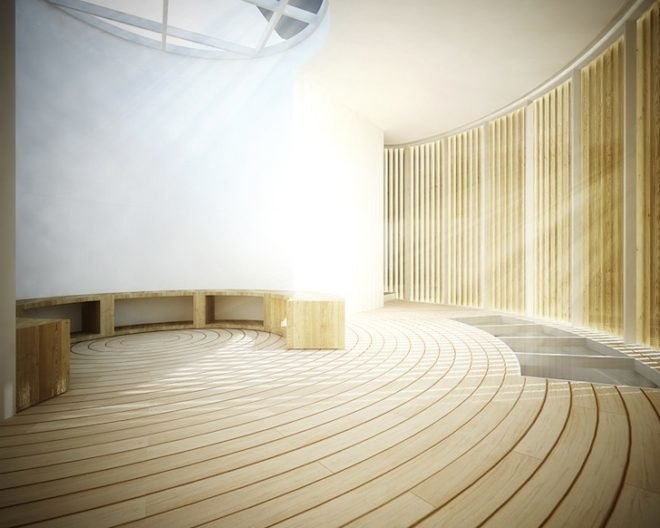 penda, penda design, donut shaped house, house o, tree trunk inspired house, design collective penda, chris precht, penda design house, garden house, wood house, wooden house, radial floorboards, wooden louvers, wood louvers, south facing bedroom,
