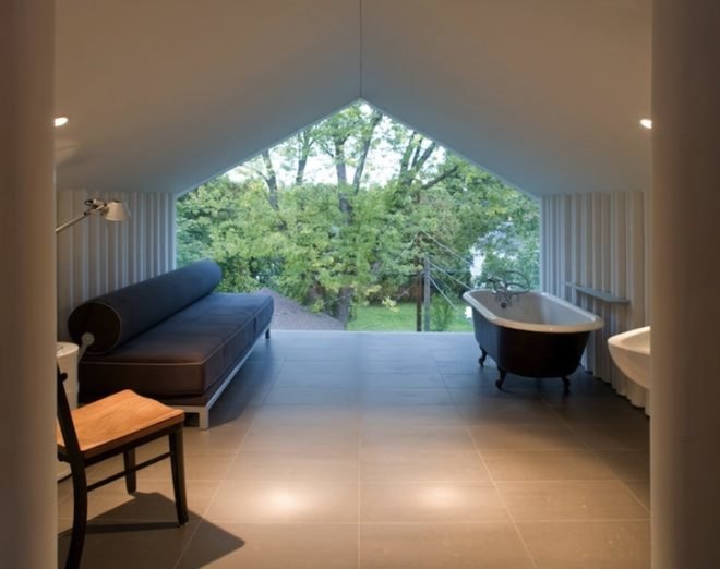 para-project, writer's workshop, syracuse, charles and ray eames chairs, claw foot tub, daybed, upcycled materials, upcycled cupboard tubing, cupboard tubing walls, loft conversion, renovated attic, converted attic, writer's studio and library,