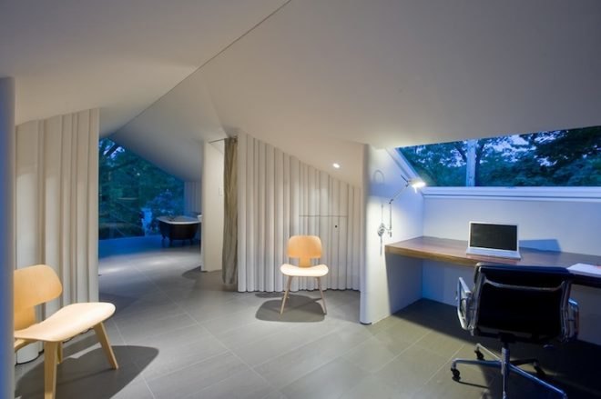 para-project, writer's workshop, syracuse, charles and ray eames chairs, claw foot tub, daybed, upcycled materials, upcycled cupboard tubing, cupboard tubing walls, loft conversion, renovated attic, converted attic, writer's studio and library,
