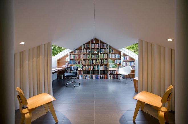 para-project, writer's workshop, syracuse, charles and ray eames chairs, claw foot tub, daybed, upcycled materials, upcycled cupboard tubing, cupboard tubing walls, loft conversion, renovated attic, converted attic, writer's studio and library,