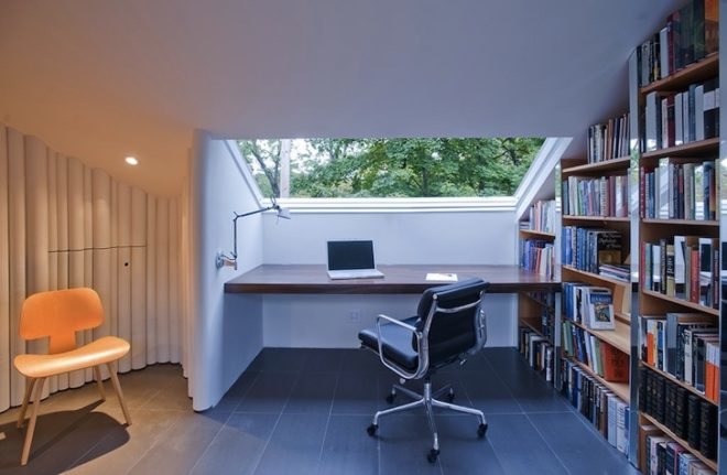 para-project, writer's workshop, syracuse, charles and ray eames chairs, claw foot tub, daybed, upcycled materials, upcycled cupboard tubing, cupboard tubing walls, loft conversion, renovated attic, converted attic, writer's studio and library,