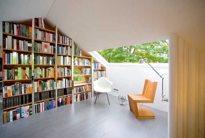 para-project, writer's workshop, syracuse, charles and ray eames chairs, claw foot tub, daybed, upcycled materials, upcycled cupboard tubing, cupboard tubing walls, loft conversion, renovated attic, converted attic, writer's studio and library,