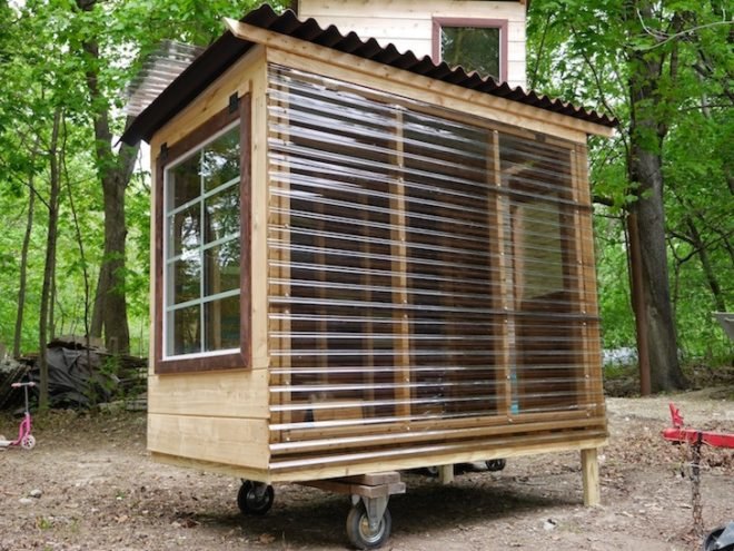 relaxshacks, relaxshacks.com, derek diedricksen, deek diedricksen, micro house, tiny cabin, study pod, salvaged materials, cabin made from salvaged materials, recycled materials, inexpensive cabin, ondura, goodridge lumber, tuftex, polyurethane flooring, polyurethane beadboard, polycarbonate roofing, recycled roofing material,