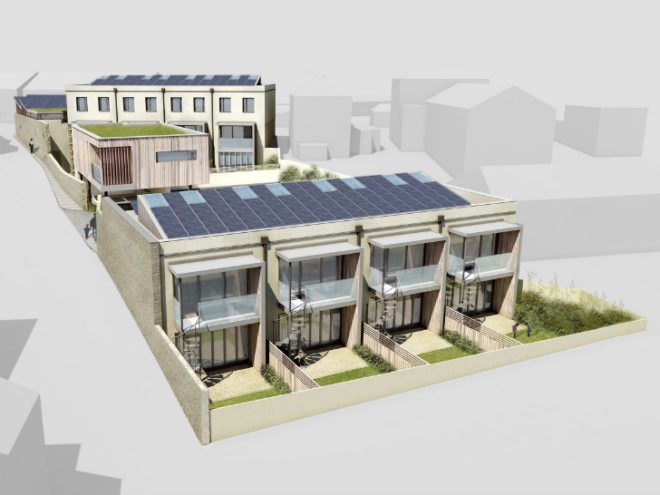 Ralph Allen Yard, Hewitt Studios, bath, uk, carbon zero development, eco housing, green roof, solar powered