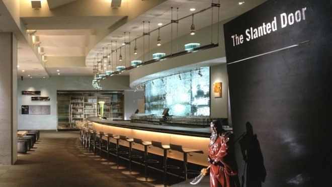 charles phan, lundberg design, olle lundberg, restaurant design, restaurant interior design, salvaged cypress, stacked glass wall, glass bar backsplash, james beard award, ferry building, san francisco, the slanted door, slanted door restaurant design,