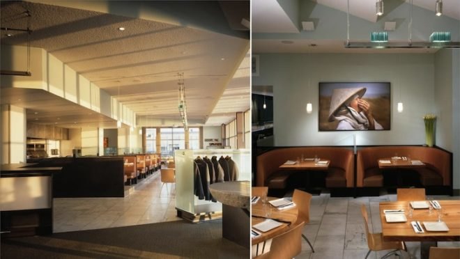 charles phan, lundberg design, olle lundberg, restaurant design, restaurant interior design, salvaged cypress, stacked glass wall, glass bar backsplash, james beard award, ferry building, san francisco, the slanted door, slanted door restaurant design,