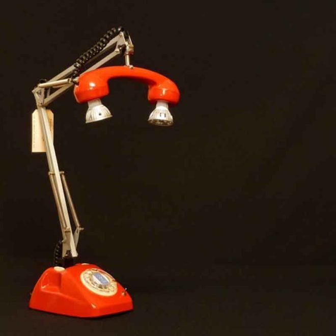 Recycled materials, green home décor, flexofono lamps, dos de tres lamps, upcycled telephone, upcycled telephone lamp, recycling, reusing, lighting, lamps, green lighting
