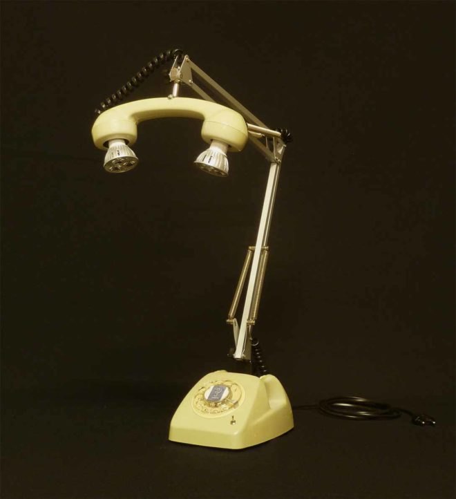 Recycled materials, green home décor, flexofono lamps, dos de tres lamps, upcycled telephone, upcycled telephone lamp, recycling, reusing, lighting, lamps, green lighting