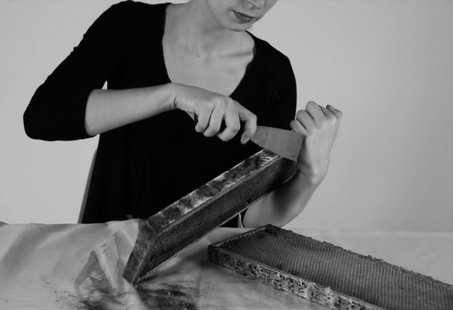 Marlène Huissoud, silkworm cocoons, beehive resin, propolis, sericin, glass blowing, organic furniture, natural by-products, biodegradable materials, sustainable materials, furniture design, rubber trees