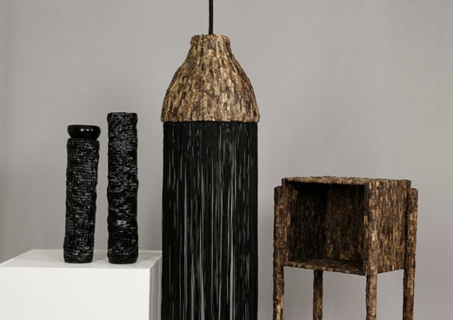 Marlène Huissoud, silkworm cocoons, beehive resin, propolis, sericin, glass blowing, organic furniture, natural by-products, biodegradable materials, sustainable materials, furniture design, rubber trees
