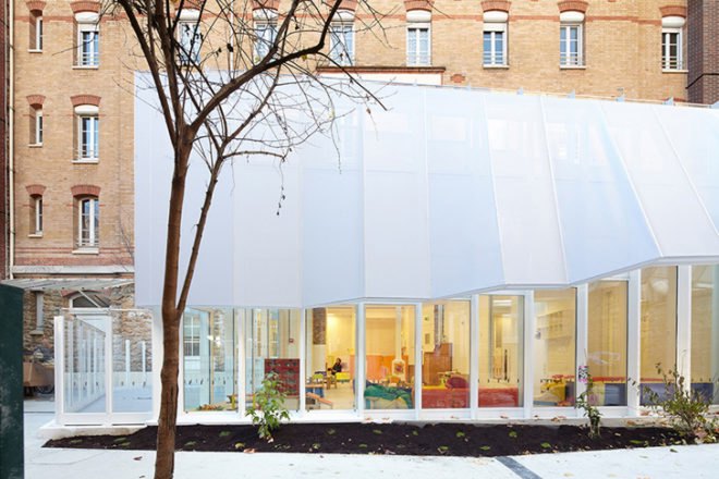 green design, eco design, sustainable design, paris nursery, h2o architects, epee de bois, fabric canopy extension, glass box