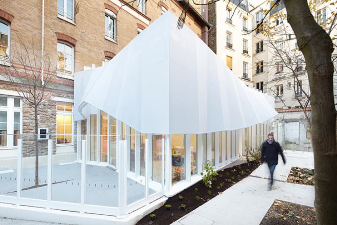 green design, eco design, sustainable design, paris nursery, h2o architects, epee de bois, fabric canopy extension, glass box