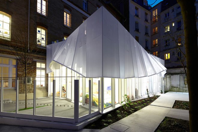 green design, eco design, sustainable design, paris nursery, h2o architects, epee de bois, fabric canopy extension, glass box