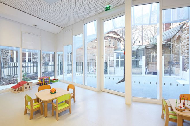green design, eco design, sustainable design, paris nursery, h2o architects, epee de bois, fabric canopy extension, glass box