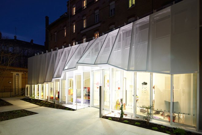 green design, eco design, sustainable design, paris nursery, h2o architects, epee de bois, fabric canopy extension, glass box