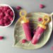 two popsicles on a leaf-shaped plate near a bowl of raspberries