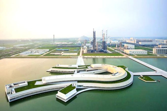 Álvaro Siza, Álvaro Siza China, industrial buildings, Portuguese architects, architecture China, Shihlien Chemical Industrial Jiangsu Co, buildings on the water, island architecture