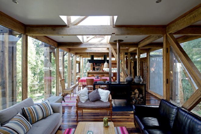 Casa Estero Puente Chile, Chile architecture, Aranguiz-Bunster Arquitectors, Chilean architects, reused wood, recycled building materials, salvaged wood, green architecture, wood architecture, villa design, natural lighting, sustainable building material, Chile villas, Latin American architecture