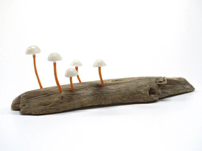 Great mushrooming, Yukio Takano, led lights, green lamps, reclaimed wood, reclaimed wood lamps, mushroom lamps, mushrooms, LED, low-energy lighting, sustainable design, sustainable lighting, energy-efficient lighting