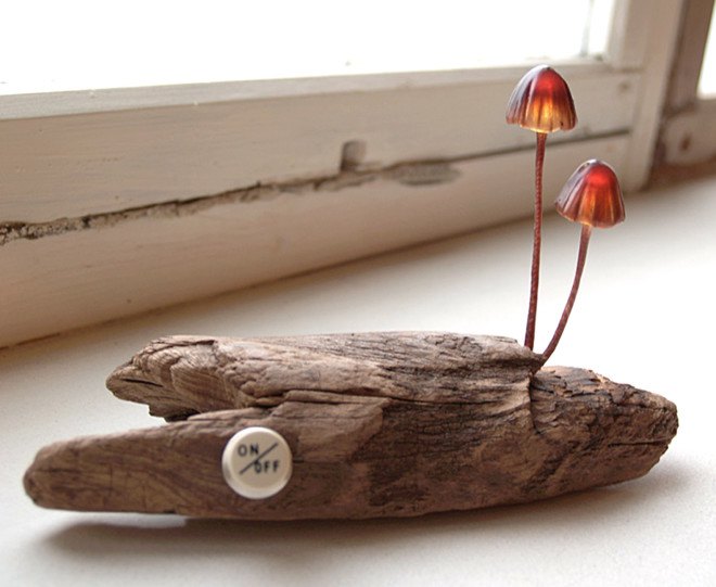 Great mushrooming, Yukio Takano, led lights, green lamps, reclaimed wood, reclaimed wood lamps, mushroom lamps, mushrooms, LED, low-energy lighting, sustainable design, sustainable lighting, energy-efficient lighting