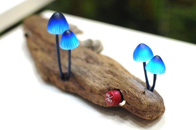 Great mushrooming, Yukio Takano, led lights, green lamps, reclaimed wood, reclaimed wood lamps, mushroom lamps, mushrooms, LED, low-energy lighting, sustainable design, sustainable lighting, energy-efficient lighting