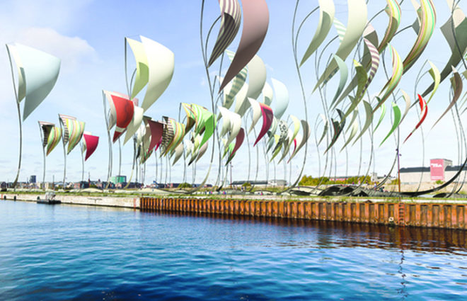 Felix Cheong, oscillating platforms, land art generator initiative, 2014 land art generator initiative competition, 2014 LAGI competition, renewable energy, harness wind energy, wave energy, tidal energy, Copenhagen, art installation, pressurized air chamber, oscillating water column, wind turbine