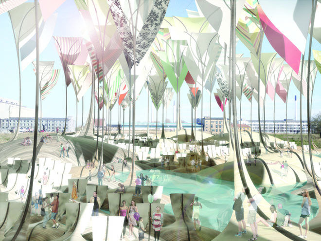 Felix Cheong, oscillating platforms, land art generator initiative, 2014 land art generator initiative competition, 2014 LAGI competition, renewable energy, harness wind energy, wave energy, tidal energy, Copenhagen, art installation, pressurized air chamber, oscillating water column, wind turbine