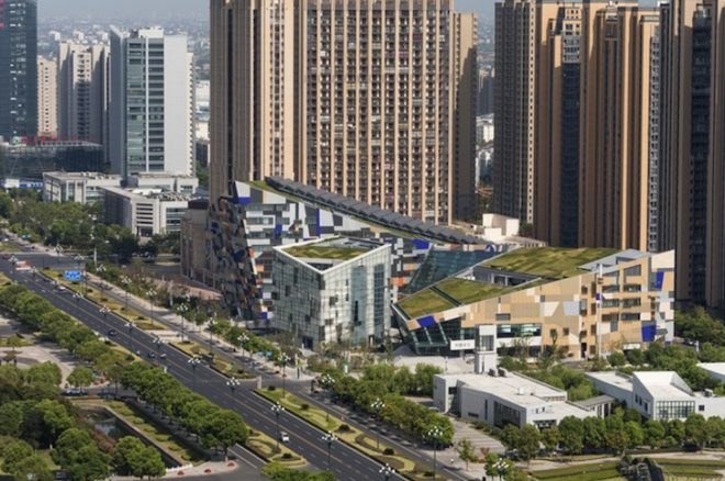 studio505, phoenix valley, green roof, vertical walls, pv system, solar thermal arrays, natural ventilation, LED lighting, stormwater management, chinese opera, cultural center, wujin, changzhou, china architecture, chinese architecture, china 3 star rating