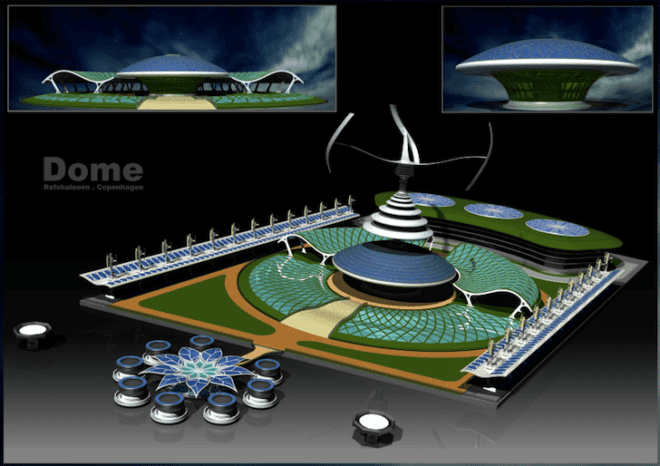 Project dome, land art generator initiative, lagi 2014 competition, 2014 lagi competition, 2014 land art generator initiative, tony Thomas, rayworks design studio, M. Ephraim Thomas, Saleena Thomas, solar energy, wind energy, undercurrent energy, biomass, biogas, semi transparent pv panels, Copenhagen, Refshaleøen