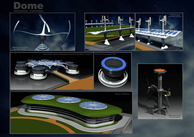 Project dome, land art generator initiative, lagi 2014 competition, 2014 lagi competition, 2014 land art generator initiative, tony Thomas, rayworks design studio, M. Ephraim Thomas, Saleena Thomas, solar energy, wind energy, undercurrent energy, biomass, biogas, semi transparent pv panels, Copenhagen, Refshaleøen