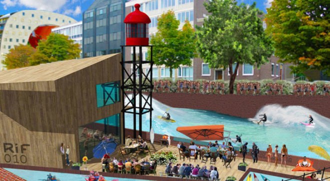 RiF010 water park, RiF010 wave, Rotterdam canal, Rotterdam wave pool, clean water, water-purifying design, green technology, TU Delft, electricity-generating windmill, eco-friendly water park, green project Rotterdam