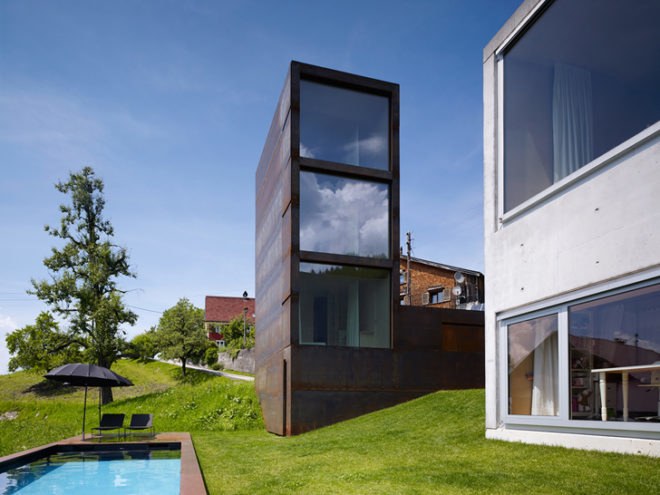 Marte Marte Architekten, steel facade, oxidized steel, mountain house, Alpine architecture, Austrian architects, metal facades, green architecture, underground pools, tower design