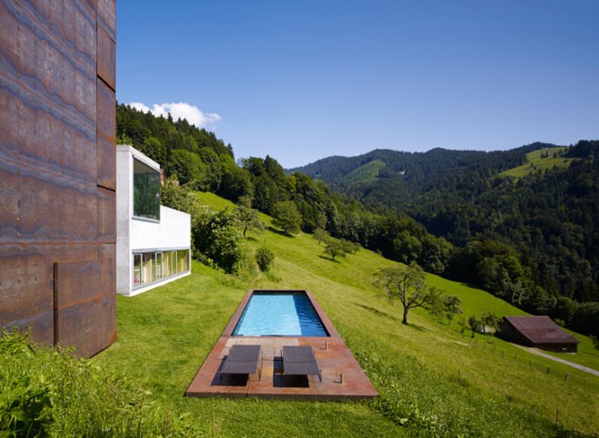 Marte Marte Architekten, steel facade, oxidized steel, mountain house, Alpine architecture, Austrian architects, metal facades, green architecture, underground pools, tower design